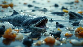 Polluted Waters, Sharks Among the Debris Reflecting the Ocean,s Ecological Crisis photo