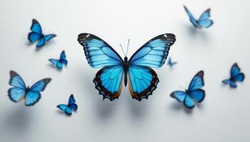 A Cluster of Vibrant Blue Butterflies Against a Soft White Background Creates a Gentle Flight Scene photo