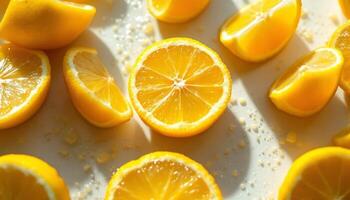 Sun-Kissed Slices, A Bright and Juicy Display of Fresh Cut Lemons and Sparkling Juice Droplets photo