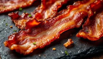 Crispy Strips of Bacon on Slate Ready for a Delicious Breakfast or Meal photo
