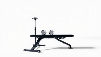 A minimalist black weight bench with adjustable bar and hexagonal dumbbells against white backdrop photo