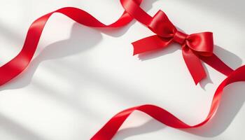 A Festive Red Satin Ribbon with a Bow on a White Surface for Gift Giving or Special Occasions photo