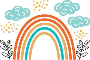 Colorful Rainbow Illustration with Clouds, Dots, and Leaves vector