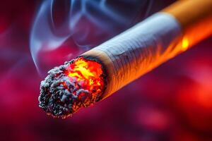 Burning Cigarette Macro Close-Up with Smoke and Glowing Ash photo