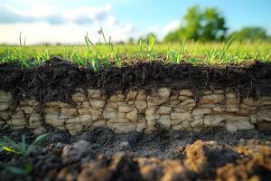Cross-Section of Layered Soil Structure with Emerging Grass in a Natural Landscape photo