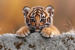 Adorable Tiger Cub Resting on Rock in Natural Habitat with Autumn Background photo