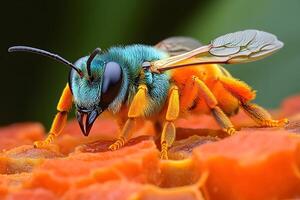 Vibrant Metallic Bee on Orange Surface Macro for Nature and Wildlife Design photo