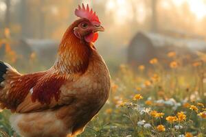 Rustic Country Scene with Chicken in Wildflower Meadow at Sunrise photo