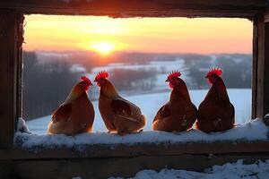 Chickens at Sunset in Winter Landscape - Rustic Farm Scene for Artistic Design photo