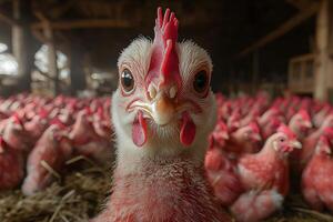 Close-Up of a Chicken in a Bustling Barnyard Setting photo