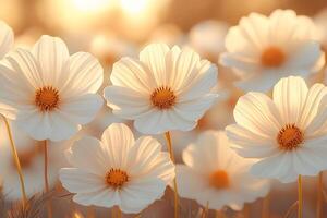 Sunlit White Cosmos Flowers in a Serene Summer Garden Setting photo