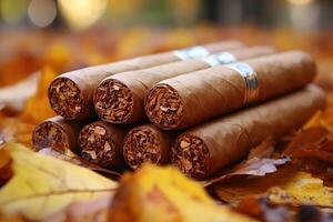 Autumn-Themed Cigars on Fallen Leaves for a Rustic, Seasonal Setting photo
