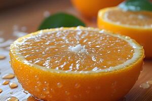 Fresh Citrus Fruit Display with Juicy Orange Halves and Lush Green Background photo