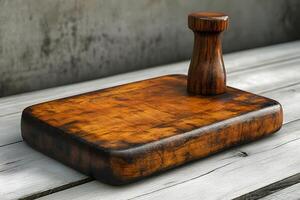 Rustic Wooden Meat Tenderizer and Cutting Board on Weathered Table for Culinary Design photo