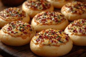 delicioso sabroso tocino queso bollos en de madera tablero para culinario monitor foto