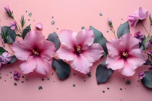 Floral Arrangement with Pink Hibiscus on Pink Background for Elegant Design photo