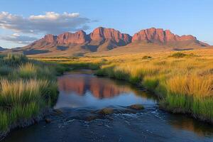 Serene Sunset Landscape with Rocky Mountains and Reflective Stream for Nature Photography photo