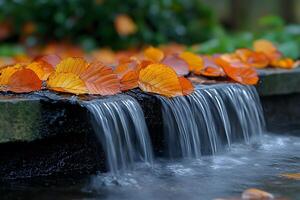 Autumn Leaves on Waterfall Stream in Serene Nature Setting for Tranquil Decor photo