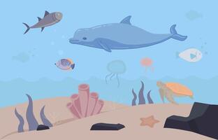 Underwater world Scene with Dolphins, Fish, and Colorful Coral Reefs vector