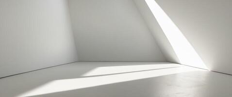 A bright white room with angled walls and a single light source casting a shadow. photo