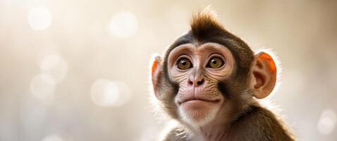 a monkey looking up at something with a blurry background behind it. photo