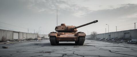 An abandoned tank stands in a deserted urban landscape under a cloudy sky photo