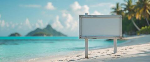 Blank sign on tropical beach with turquoise water and islands photo