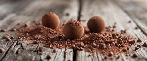 Cocoa Powder and Truffles on Rustic Wooden Background for Culinary and Dessert Use photo
