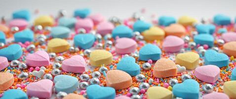 Colorful Heart Shaped Candies and Sprinkles Form a Playful and Whimsical Background for Creative Projects. photo