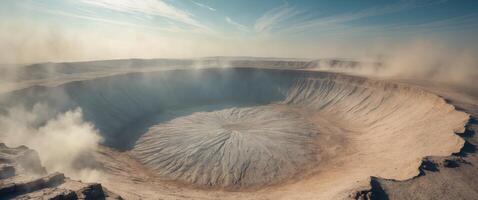 Dramatic Aerial View of a Deep Crater Possibly Meteor Impact Rocky Surface Dust Clouds photo
