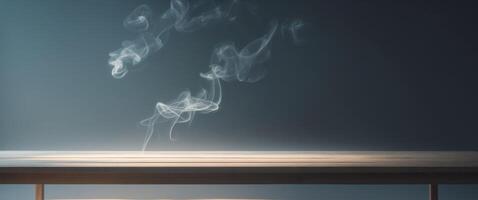 empty wooden table with smoke float up on dark background. photo
