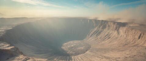 Dramatic Aerial View of a Deep Crater Possibly Meteor Impact Rocky Surface Dust Clouds. photo