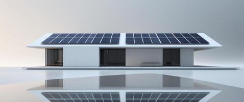 Futuristic smart home with solar panel roof reflected on a tranquil white surface. photo