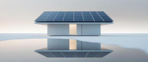Futuristic smart home with solar panel roof reflected on a tranquil white surface photo