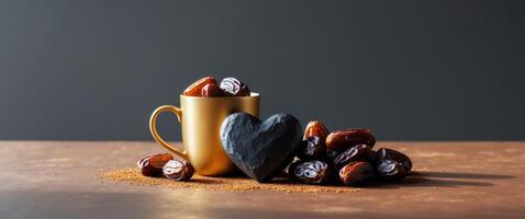 Golden cup filled with dried dates beside a slate black heart on a textured surface with ample dark grey copy space in the background photo