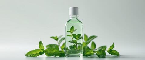 Mint extract bottle surrounded by fresh mint leaves for culinary and aromatic uses. photo
