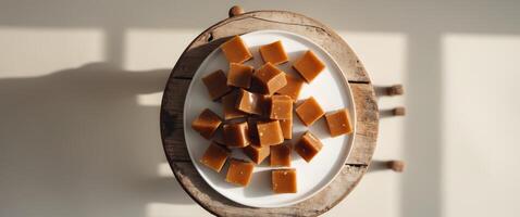 Overhead View of Artisanal Caramel Toffee Cubes on Wooden Table with Selective Focus photo
