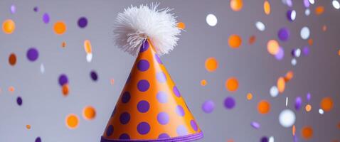 Purple and Orange Polka Dot Party Hat with Pom Pom for Festive Celebrations transparency background. photo