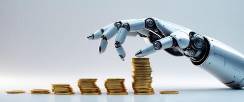 Robotic hand stacking coins to represent financial growth and innovation in technology photo