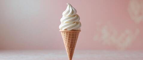 Vanilla Soft Serve Ice Cream Cone on soft pink background photo
