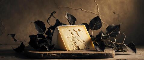 Wedge of Cheese on a Wooden Board Surrounded by Dark Leaves with Dramatic Moody Lighting and Textured Background for an Artisan or Rustic Atmosphere. photo