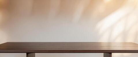 Wooden Table with Blurred Exhibition Background Ideal for Product Display and Marketing Promotions. photo