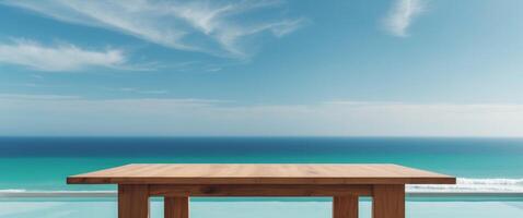 Wooden Table with Ocean View Background Ideal for Product Display Mockup and Advertising Use photo