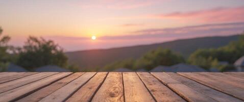 Wooden Table with Scenic Sunset View for Ideal Product Display and Presentation in Natural Setting. photo
