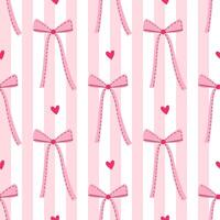 Seamles pattern with bows and hearts on a striped background. Pink bows print. pattern with coquette ribbons in retro style. vector