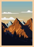 A poster of mountains and trees with a sky in the background vector