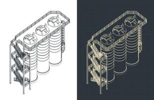 Silo storage system isometric blueprints vector