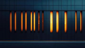 Modern building facade with illuminated vertical windows at dusk photo