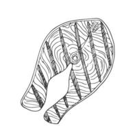 illustration of grilled red fish steak. Linear trout steak. Hatch. Hand drawing. for cafes, restaurants, menus. Salmon, chum salmon, trout. Illustration on a white isolated background vector