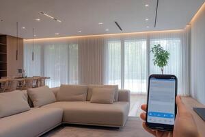 Homeowner controlling smart home devices using mobile application while relaxing on sofa in living room photo
